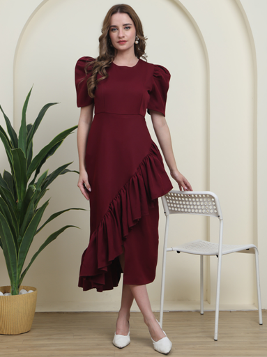 Elegant Maroon Ruffle Midi Dress for Every Special Moment